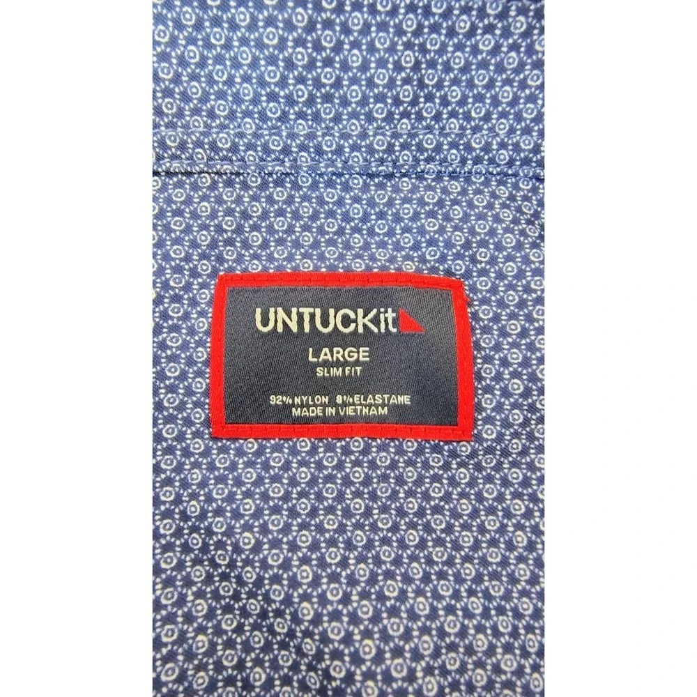 NWT UNTUCKit Mens Nylon Shirt Large Performance Blue Micro Print Slim Fit New